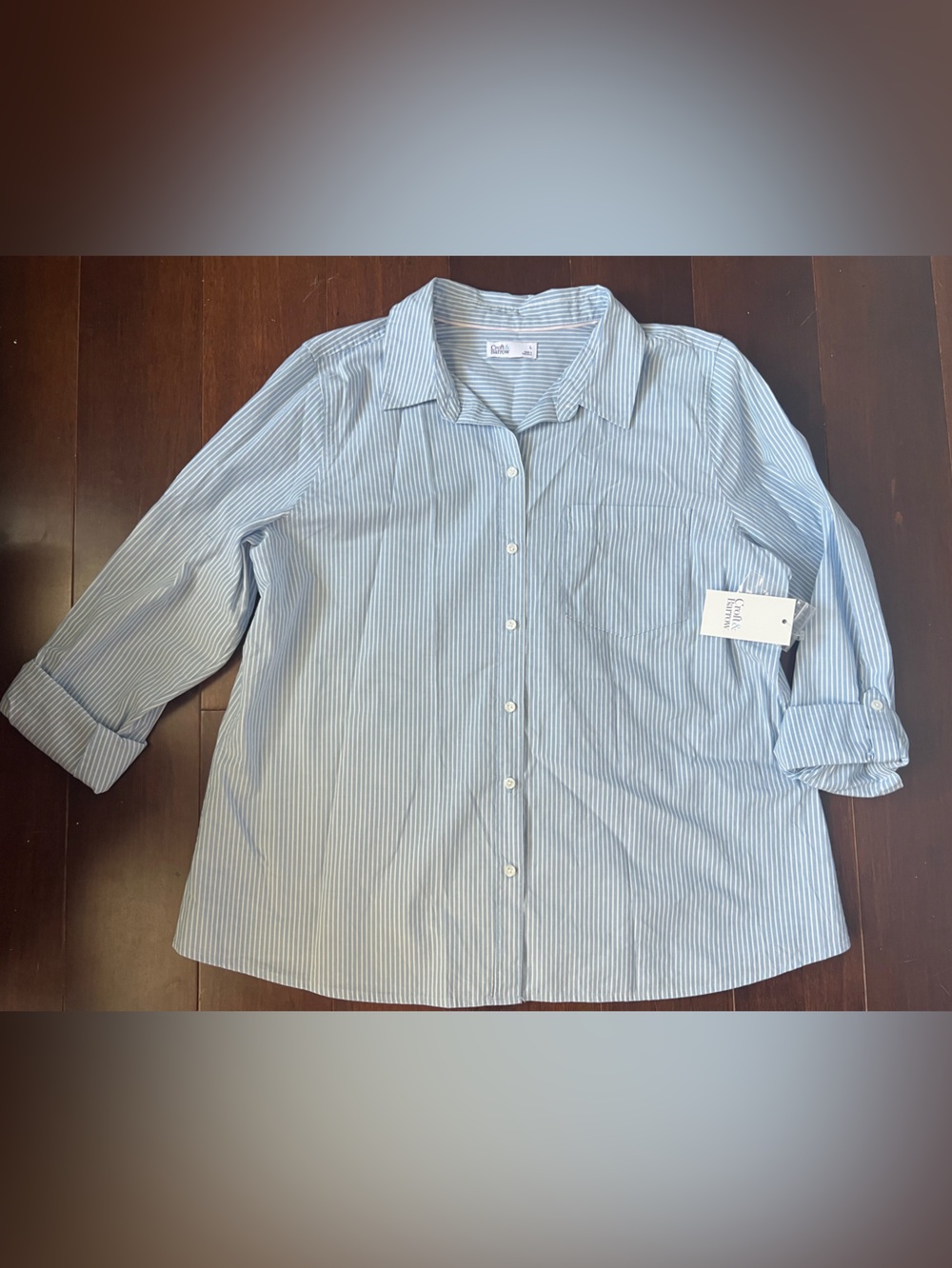 croft & barrow Light Blue White Pinstripe Button-Front Shirt Roll Sleeve NWT L